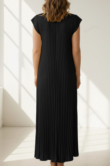 Crew Neck Cap Sleeve Pleated Dress