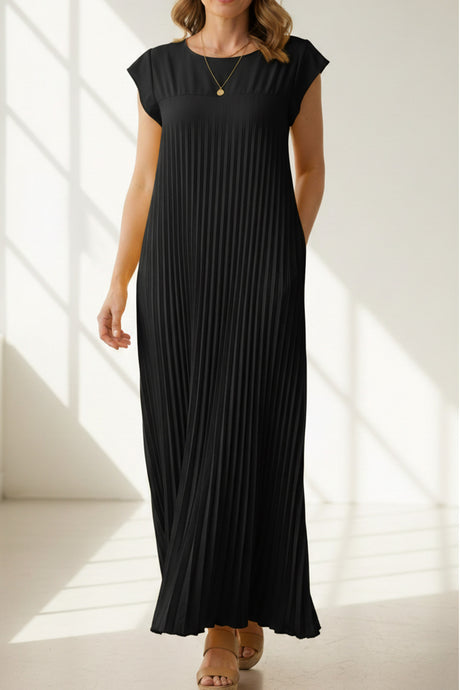 Crew Neck Cap Sleeve Pleated Dress