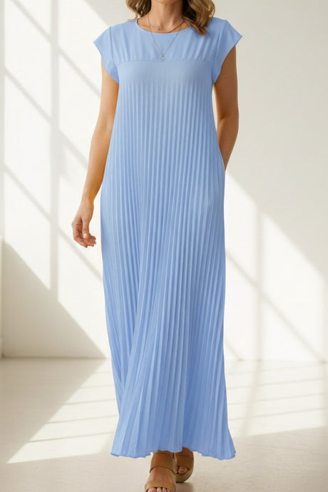 Crew Neck Cap Sleeve Pleated Dress