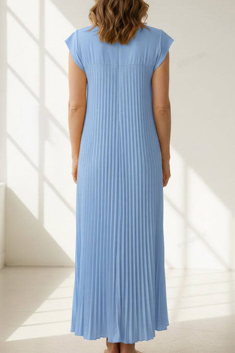 Crew Neck Cap Sleeve Pleated Dress