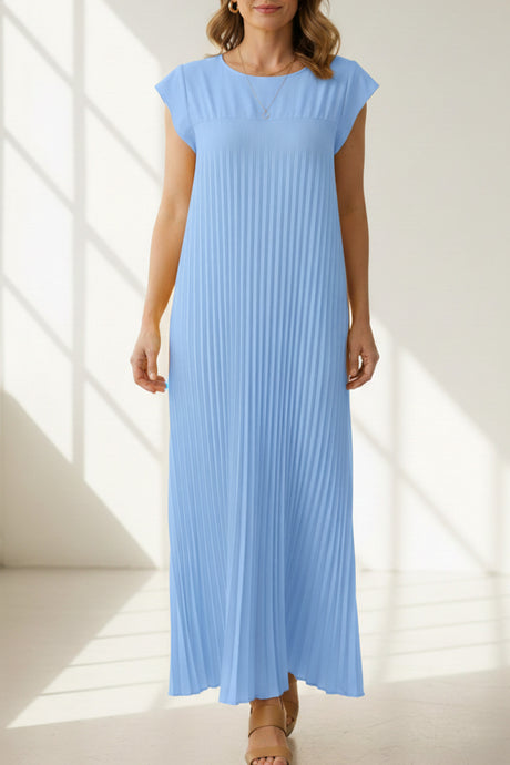 Crew Neck Cap Sleeve Pleated Dress