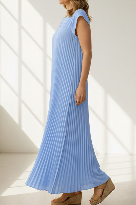 Crew Neck Cap Sleeve Pleated Dress