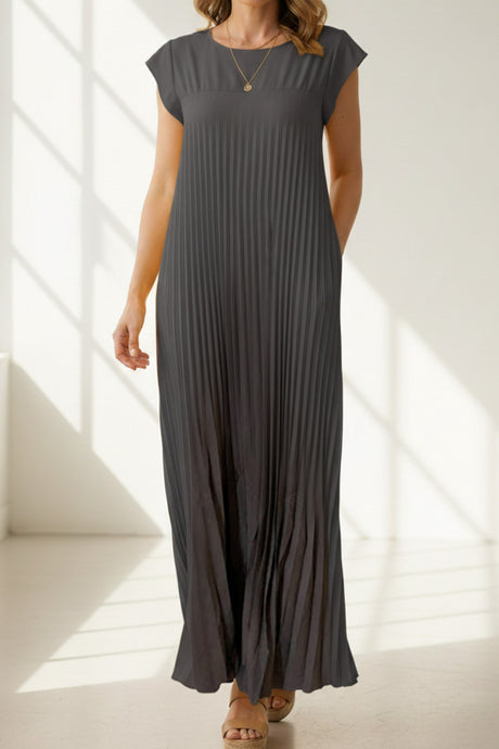 Crew Neck Cap Sleeve Pleated Dress