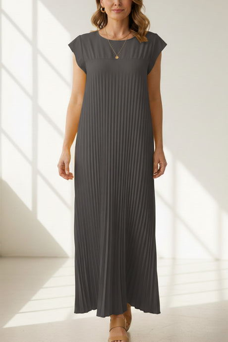 Crew Neck Cap Sleeve Pleated Dress