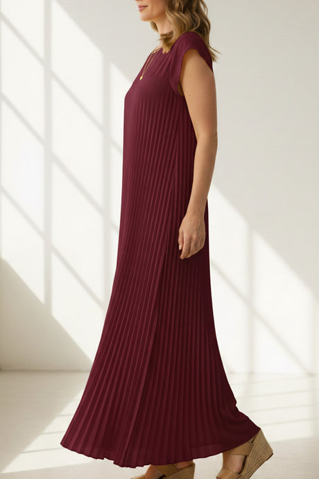 Crew Neck Cap Sleeve Pleated Dress