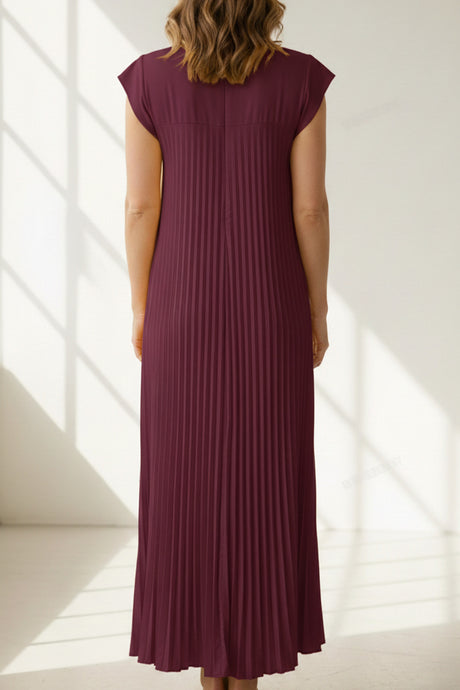 Crew Neck Cap Sleeve Pleated Dress