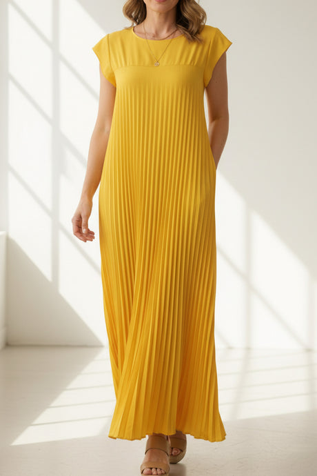 Crew Neck Cap Sleeve Pleated Dress