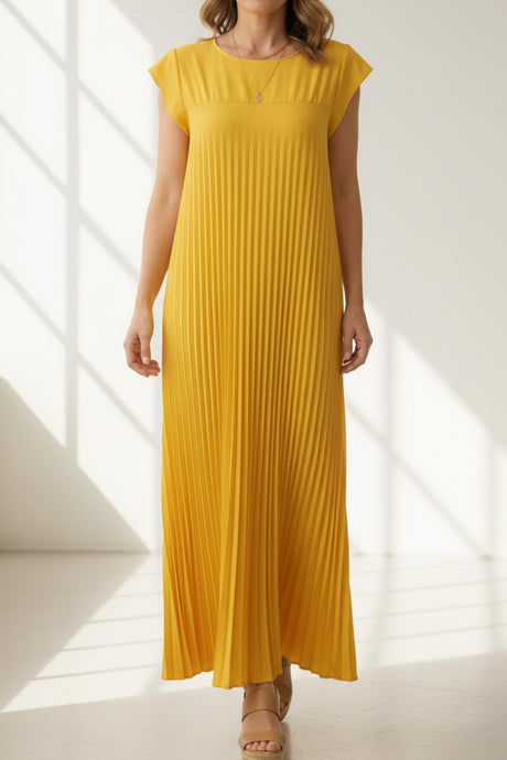 Crew Neck Cap Sleeve Pleated Dress