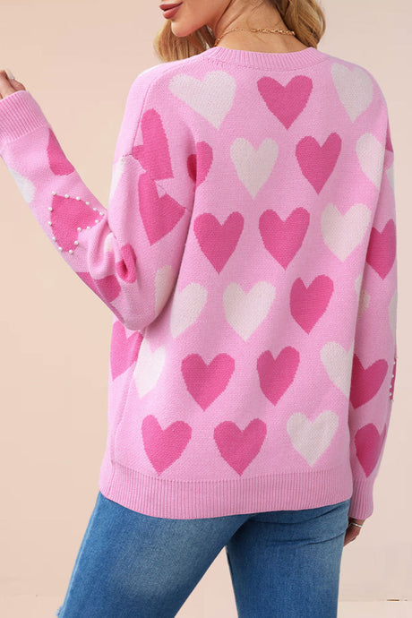 Crew Neck Beaded Heart Pullover Knit Sweater