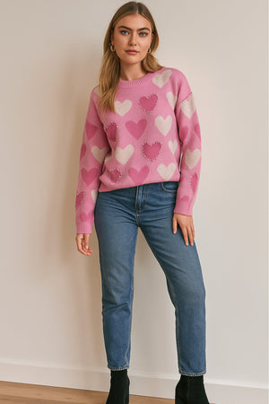 Crew Neck Beaded Heart Pullover Knit Sweater