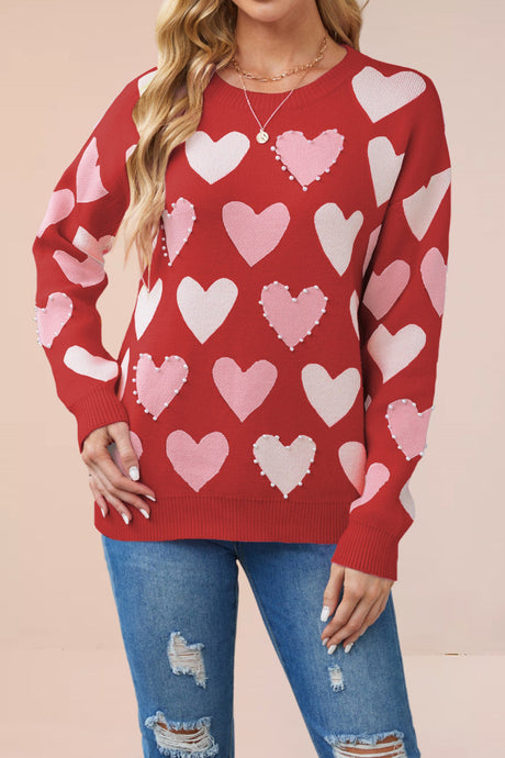 Crew Neck Beaded Heart Pullover Knit Sweater