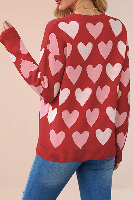 Crew Neck Beaded Heart Pullover Knit Sweater