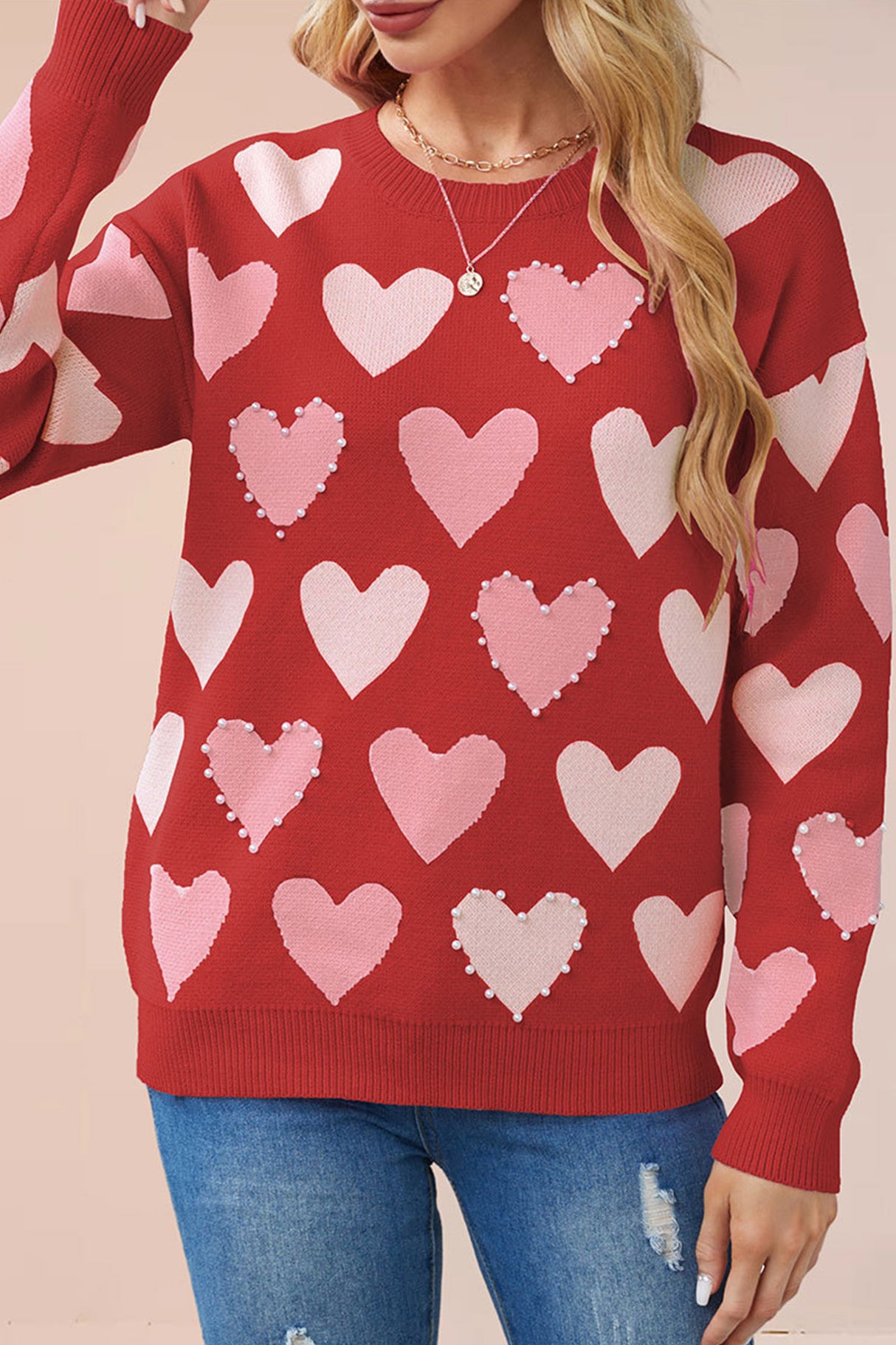 Crew Neck Beaded Heart Pullover Knit Sweater