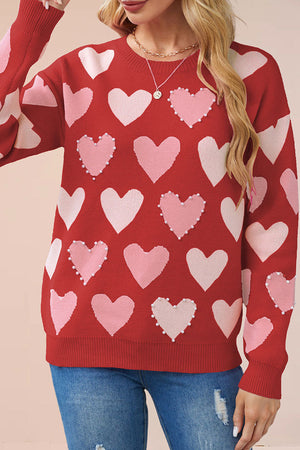 Crew Neck Beaded Heart Pullover Knit Sweater