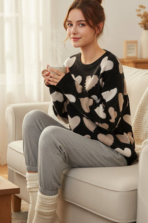 Crew Neck Beaded Heart Pullover Knit Sweater