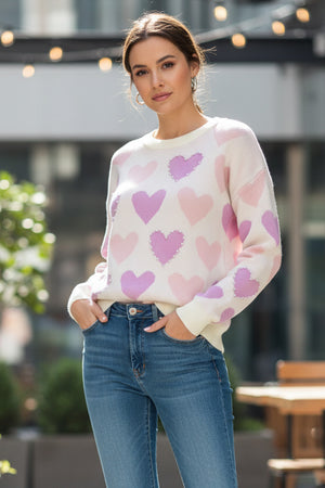 Crew Neck Beaded Heart Pullover Knit Sweater