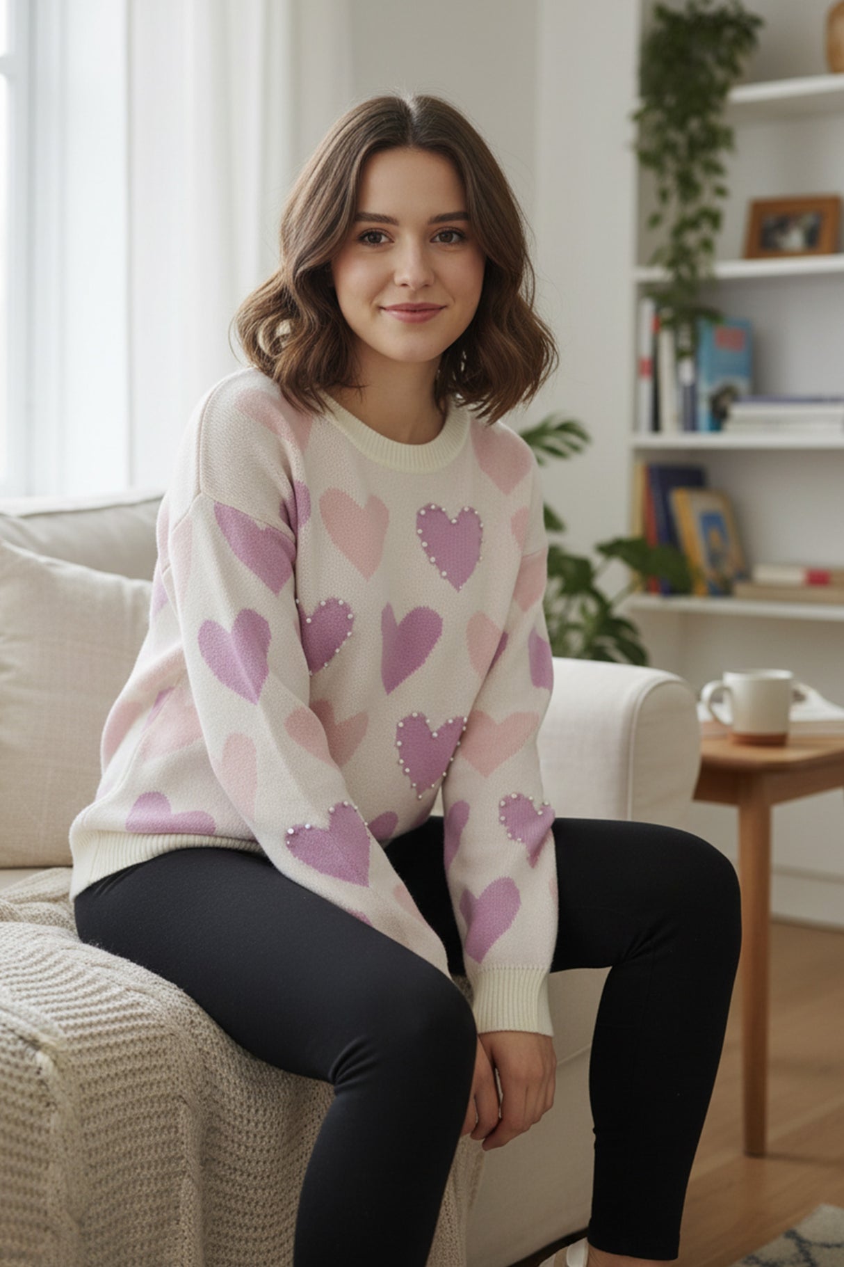 Crew Neck Beaded Heart Pullover Knit Sweater