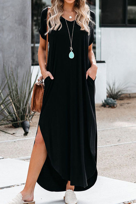 Crew Neck Ruched Slit Dress