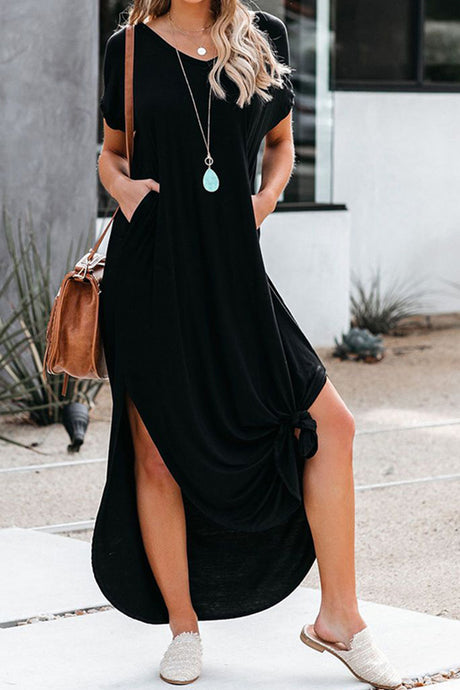 Crew Neck Ruched Slit Dress