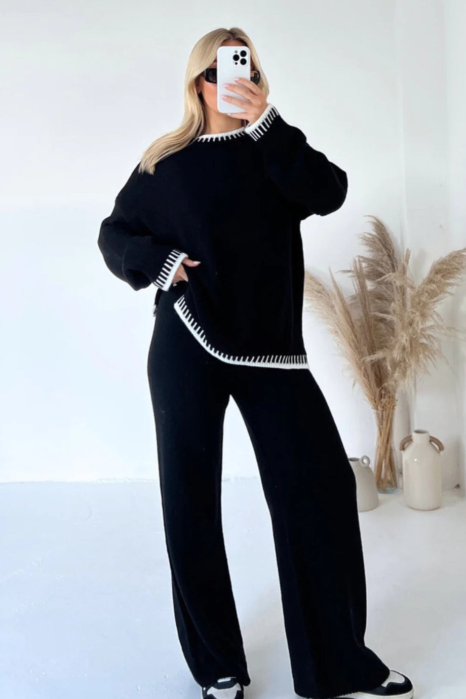 Crew Neck Slit Hem Knitted Pants Suits – AROLORA