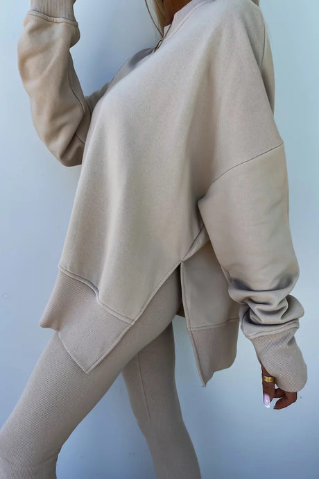 Arolora Crew Neck Slit Sweatshirt Legging Suits