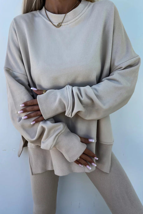Arolora Crew Neck Slit Sweatshirt Legging Suits