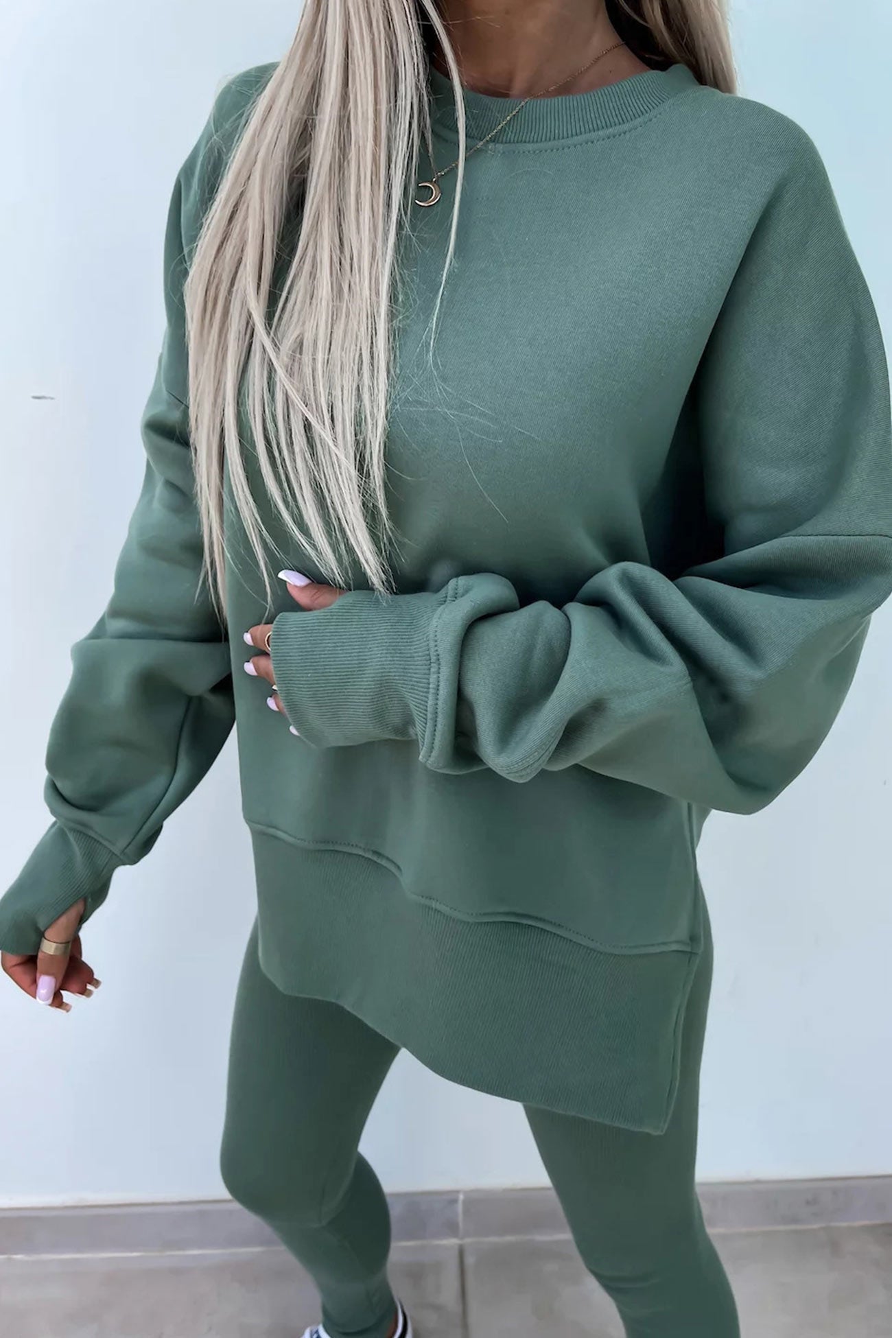 Arolora Crew Neck Slit Sweatshirt Legging Suits