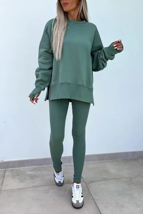 Arolora Crew Neck Slit Sweatshirt Legging Suits
