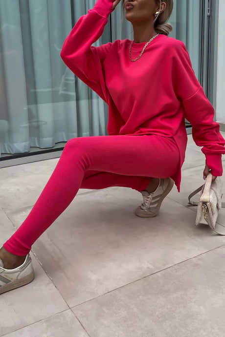 Arolora Crew Neck Slit Sweatshirt Legging Suits