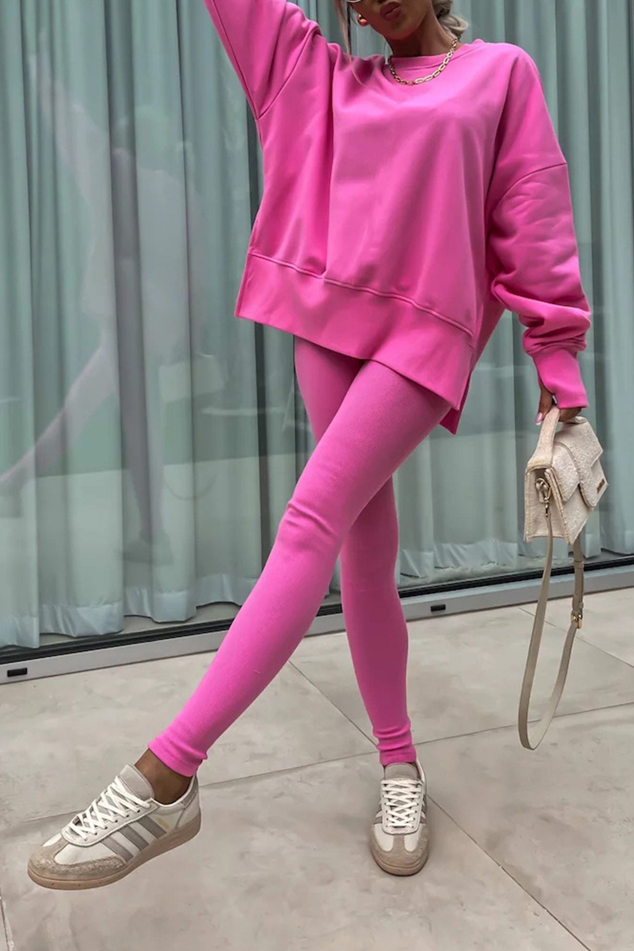 Arolora Crew Neck Slit Sweatshirt Legging Suits