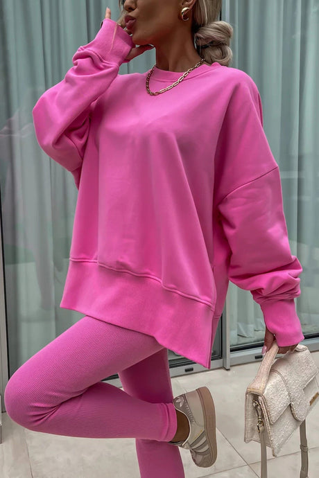 Arolora Crew Neck Slit Sweatshirt Legging Suits