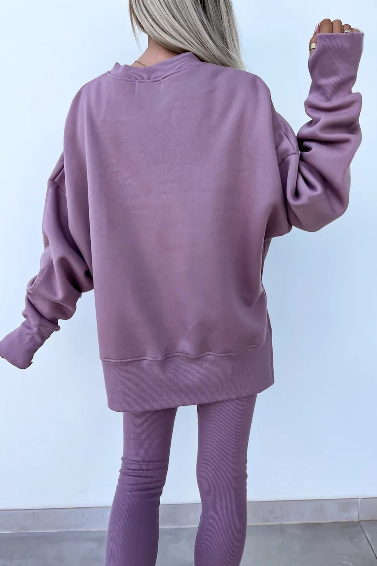 Arolora Crew Neck Slit Sweatshirt Legging Suits