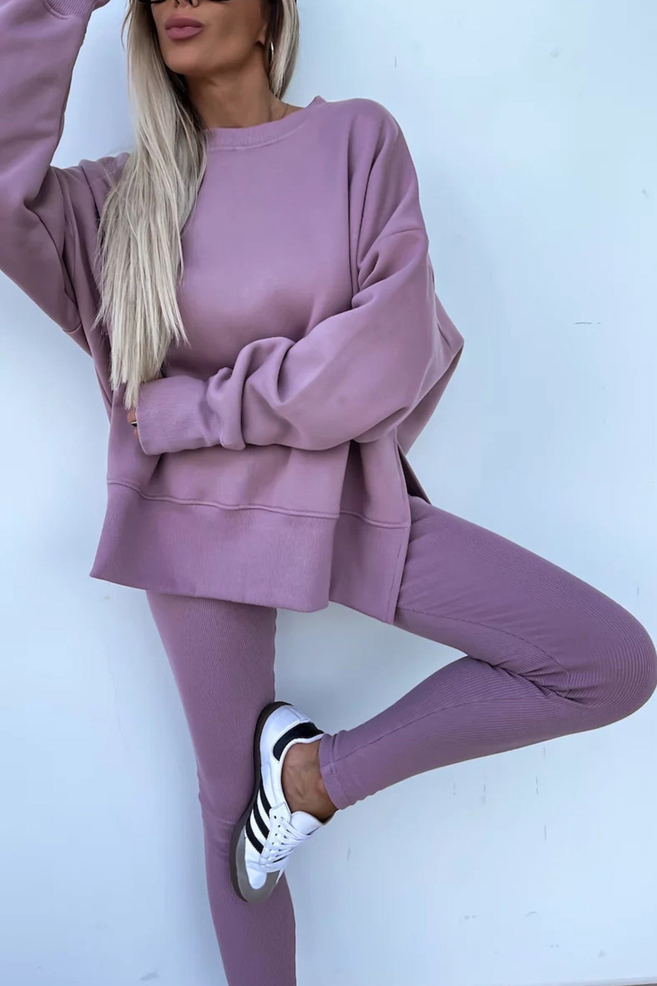 Arolora Crew Neck Slit Sweatshirt Legging Suits