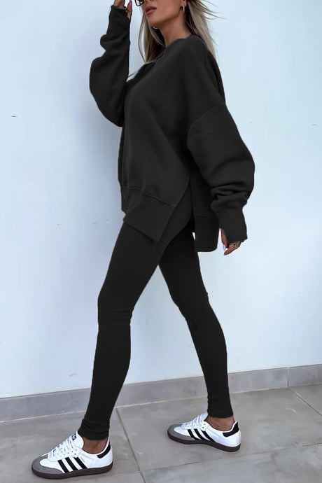 Arolora Crew Neck Slit Sweatshirt Legging Suits