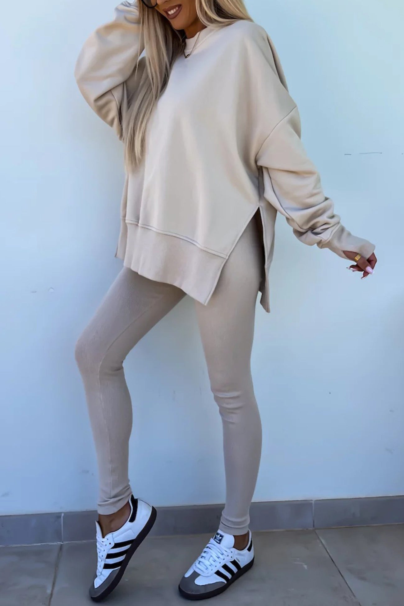 Arolora Crew Neck Slit Sweatshirt Legging Suits