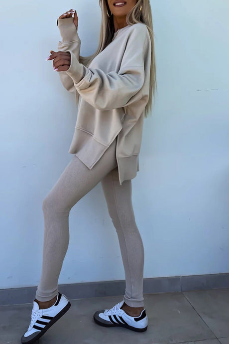 Arolora Crew Neck Slit Sweatshirt Legging Suits