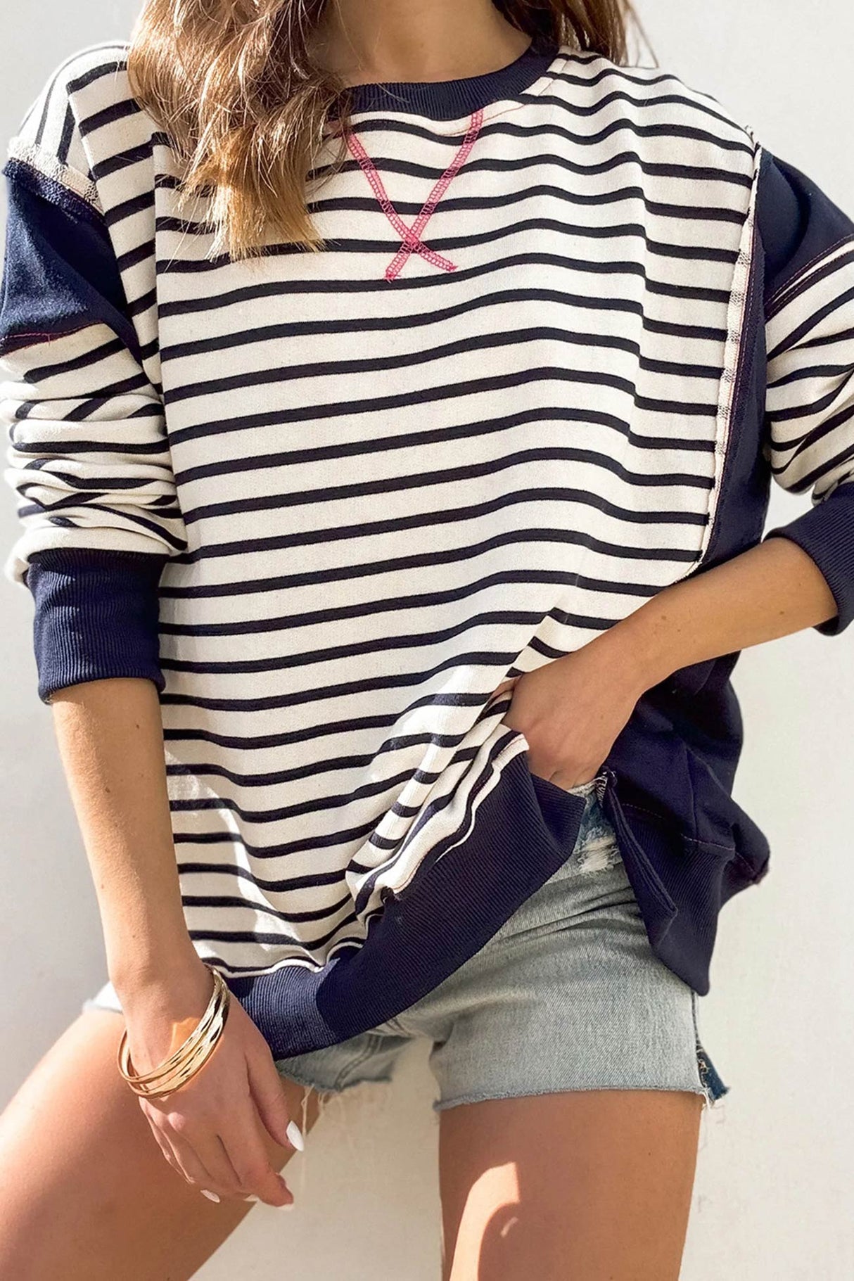 Crew Neck Striped Patchwork Sweatshirt