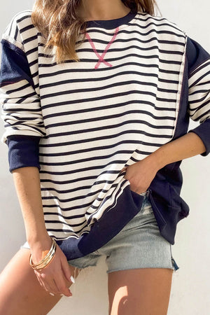 Crew Neck Striped Patchwork Sweatshirt
