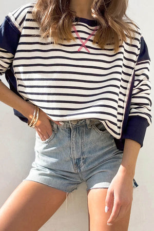 Crew Neck Striped Patchwork Sweatshirt