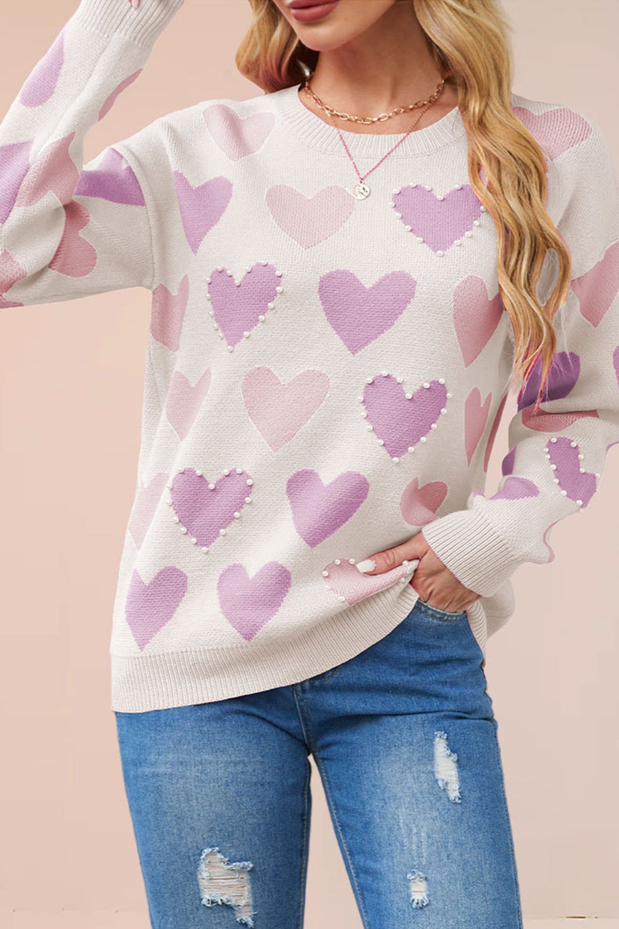 Crew Neck Beaded Heart Pullover Knit Sweater