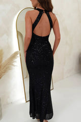 Arolora Criss-cross Halter Neck Sequin Fishtail Dress