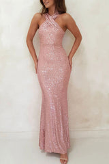 Arolora Criss-cross Halter Neck Sequin Fishtail Dress