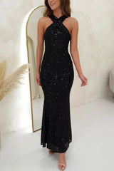 Arolora Criss-cross Halter Neck Sequin Fishtail Dress