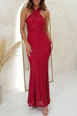 Arolora Criss-cross Halter Neck Sequin Fishtail Dress