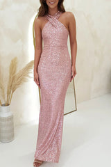 Arolora Criss-cross Halter Neck Sequin Fishtail Dress