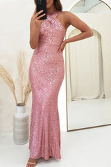 Arolora Criss-cross Halter Neck Sequin Fishtail Dress