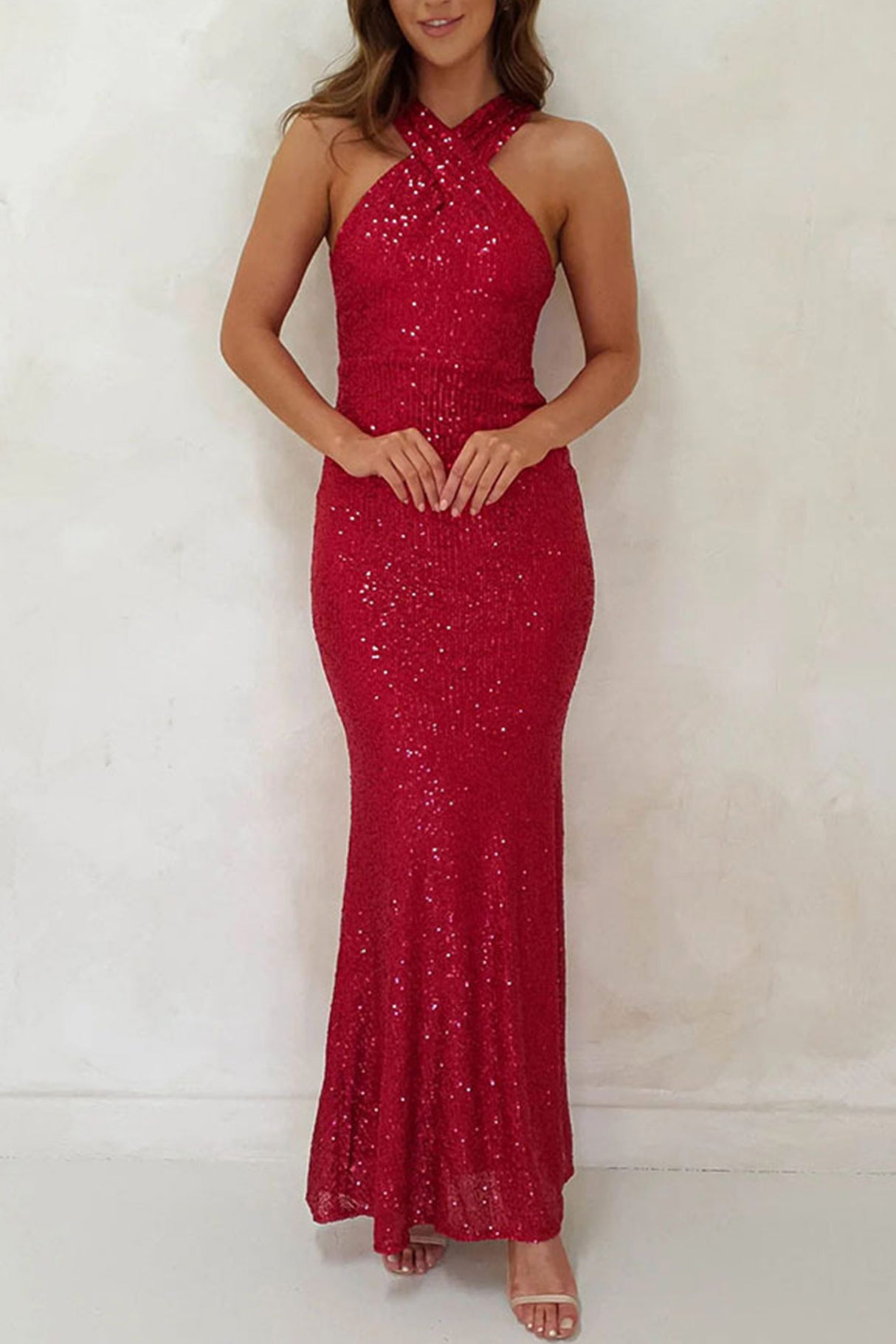 Arolora Criss-cross Halter Neck Sequin Fishtail Dress