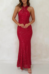 Arolora Criss-cross Halter Neck Sequin Fishtail Dress