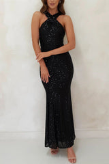 Arolora Criss-cross Halter Neck Sequin Fishtail Dress
