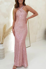 Arolora Criss-cross Halter Neck Sequin Fishtail Dress